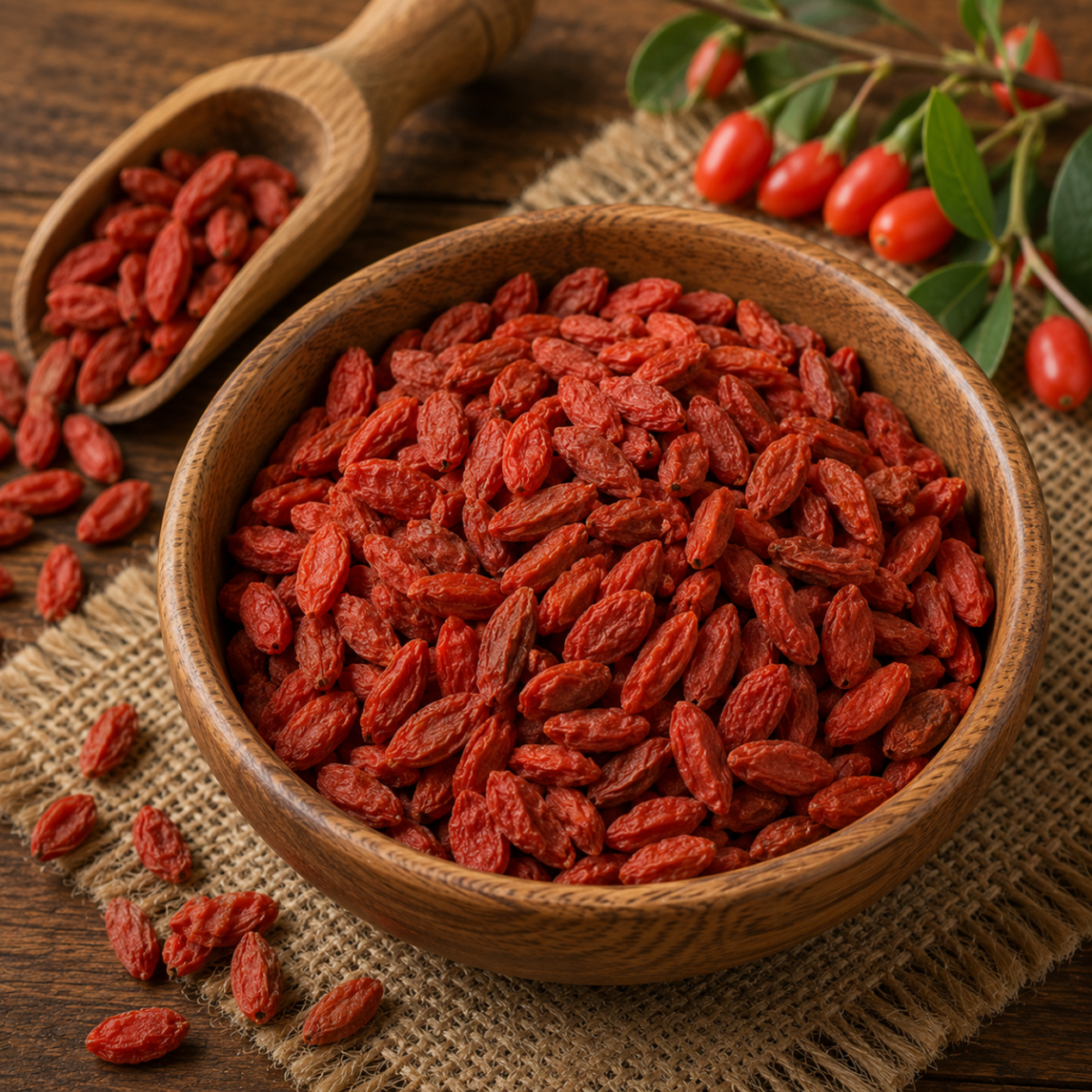 Ξύλινο μπολ με αποξηραμένα άγρια goji berries.