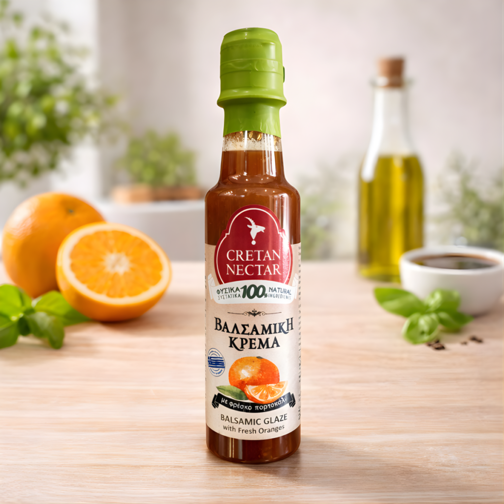 Bottle of balsamic cream with fresh orange, next to oranges.