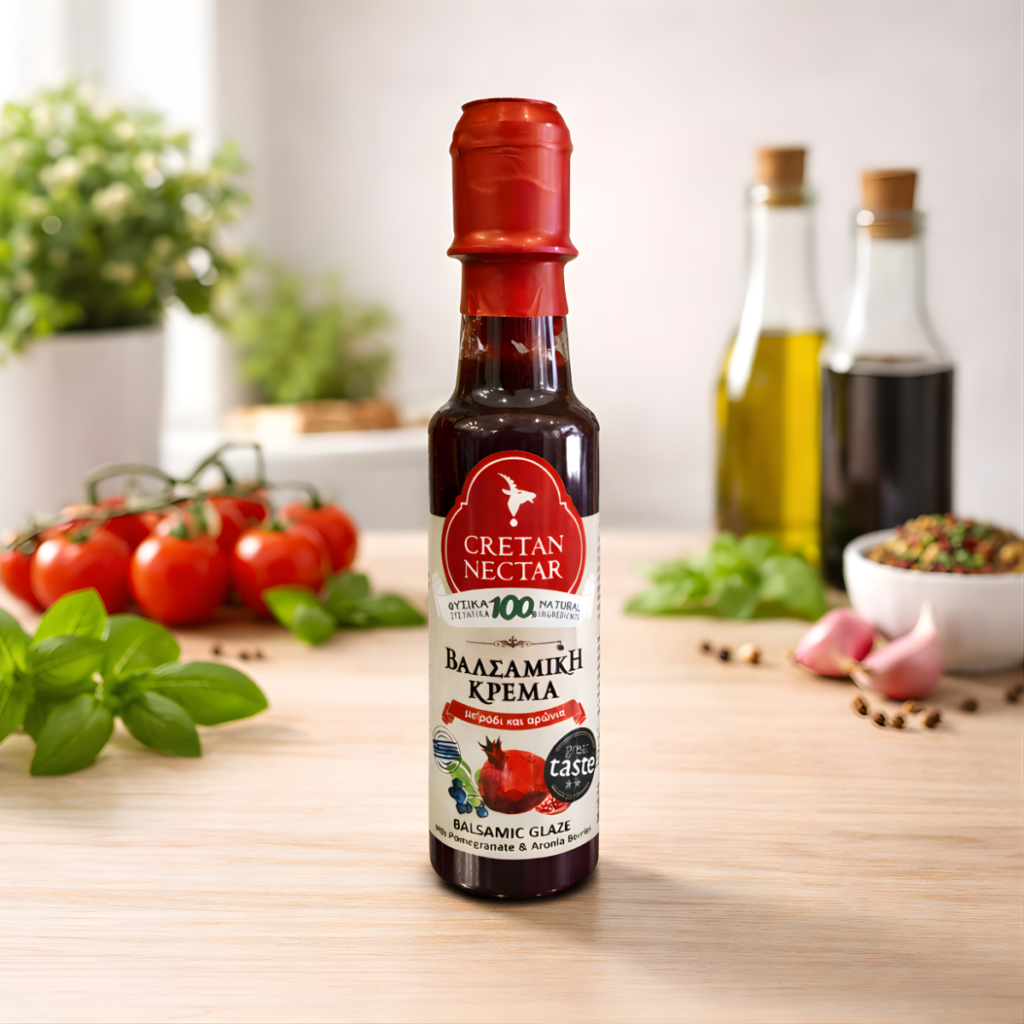 Bottle of balsamic cream with pomegranate and chokeberry, next to tomatoes and basil.
