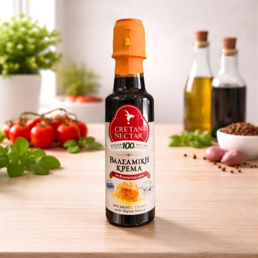 Bottle of balsamic cream with thyme honey, next to tomatoes and herbs.