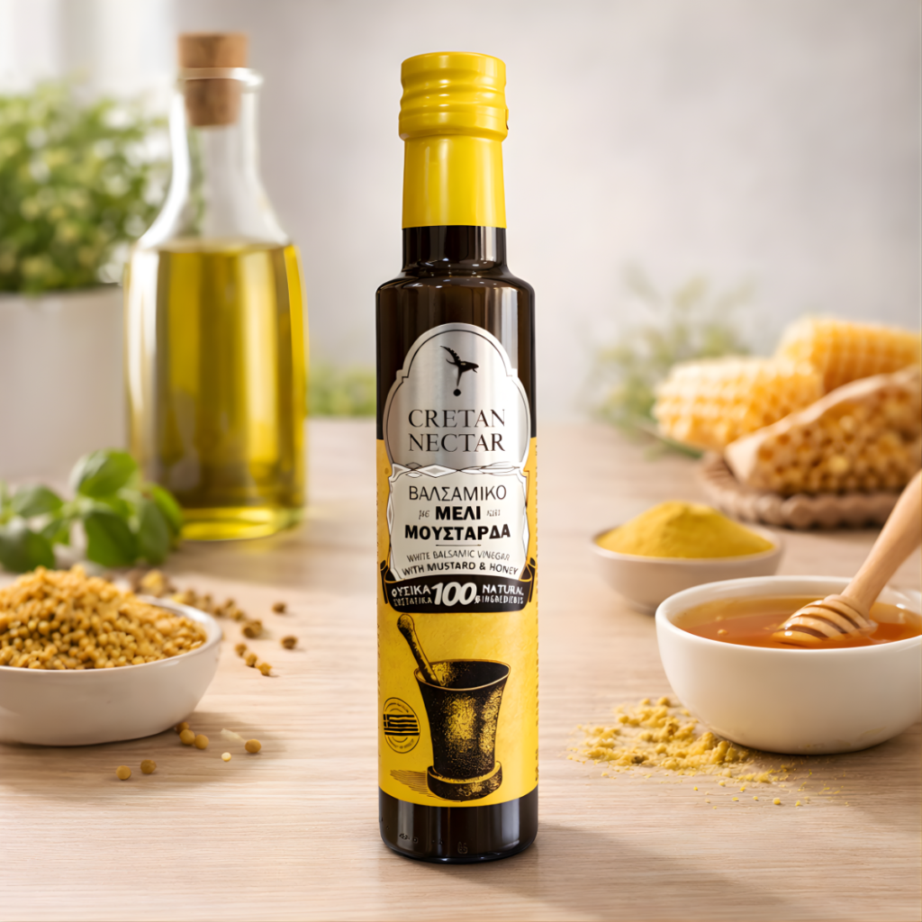 Bottle of balsamic vinegar with honey and mustard, next to honeycomb.