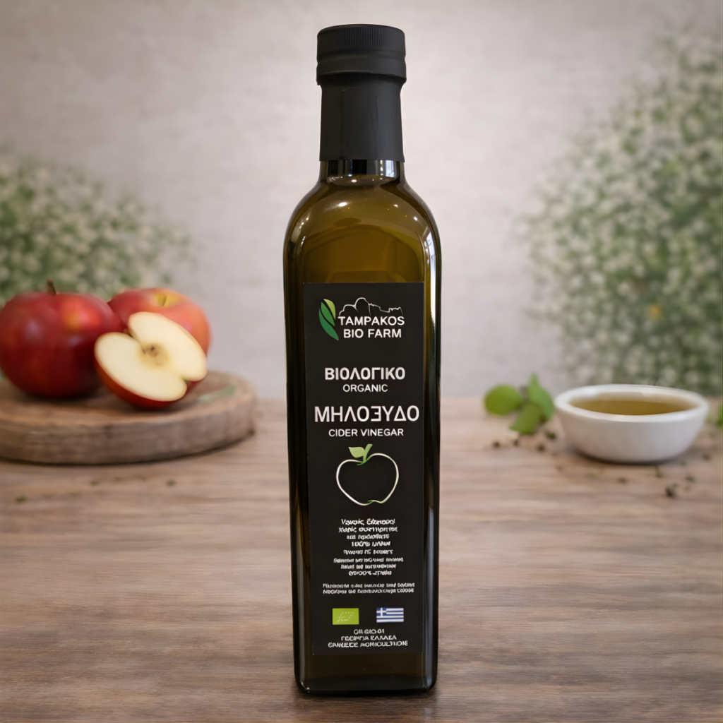 Bottle of organic apple cider vinegar, next to red apples.
