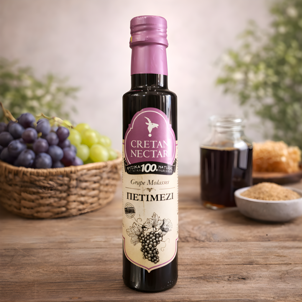 A bottle of grape juice, next to a basket of grapes.