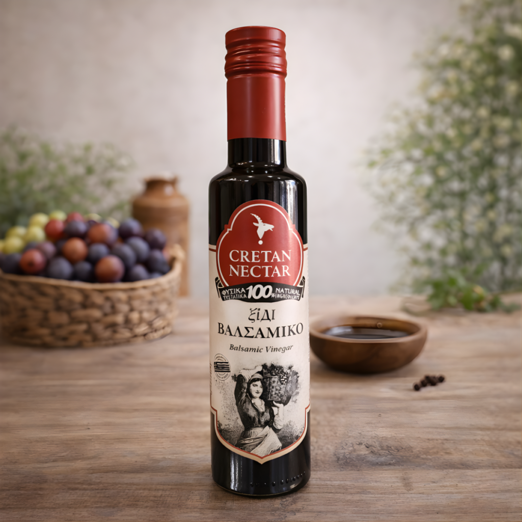 Bottle of balsamic vinegar, next to a bowl of grapes and berries.