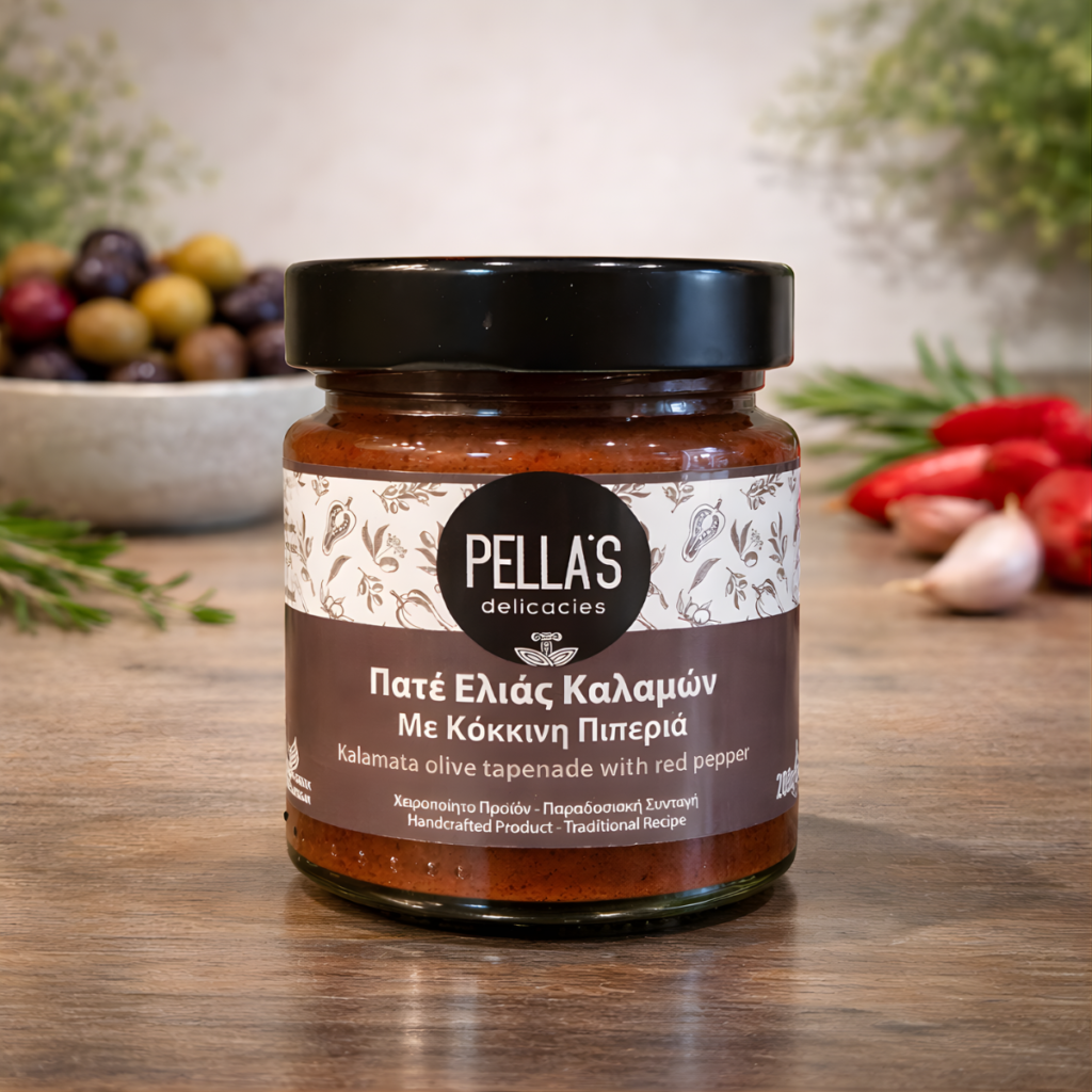 Jar of Kalamata olive pate with red pepper, next to olives and garlic.