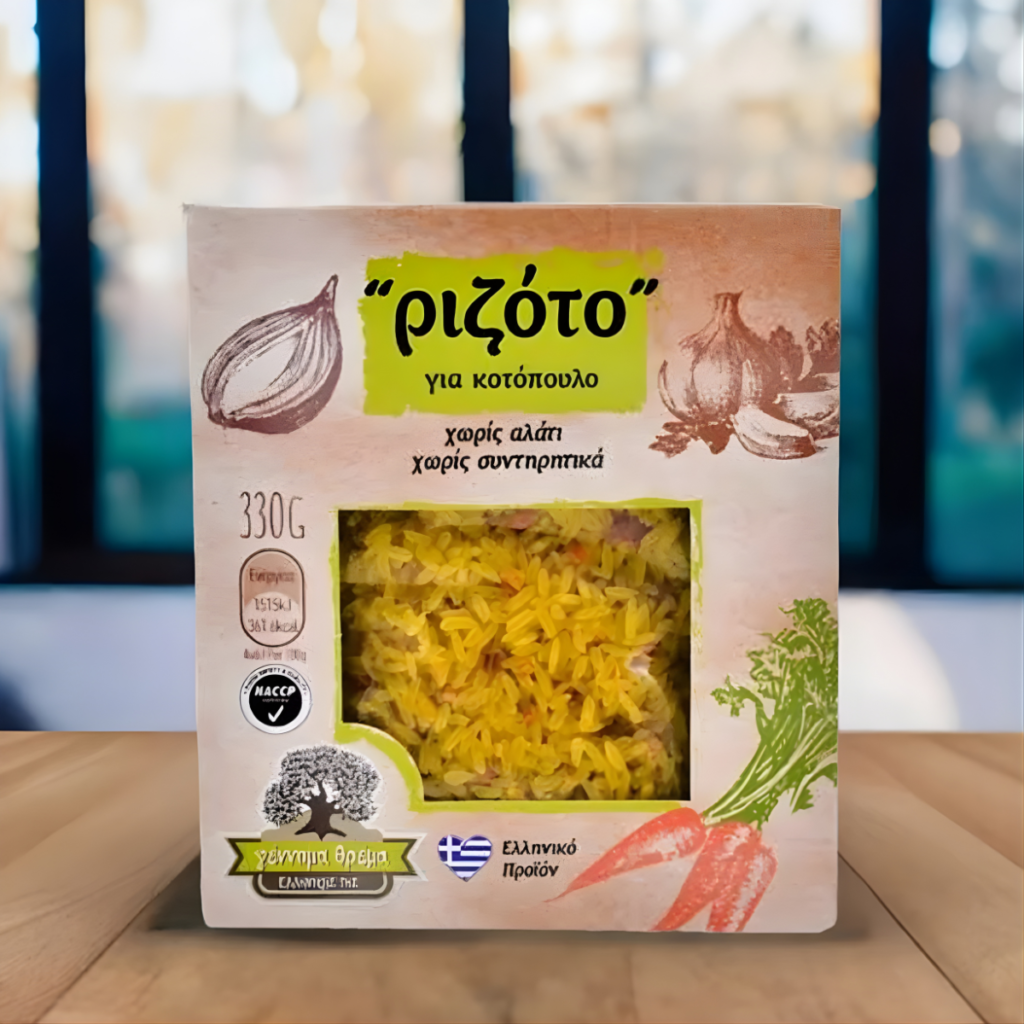 Packaging for chicken risotto, on a kitchen counter.