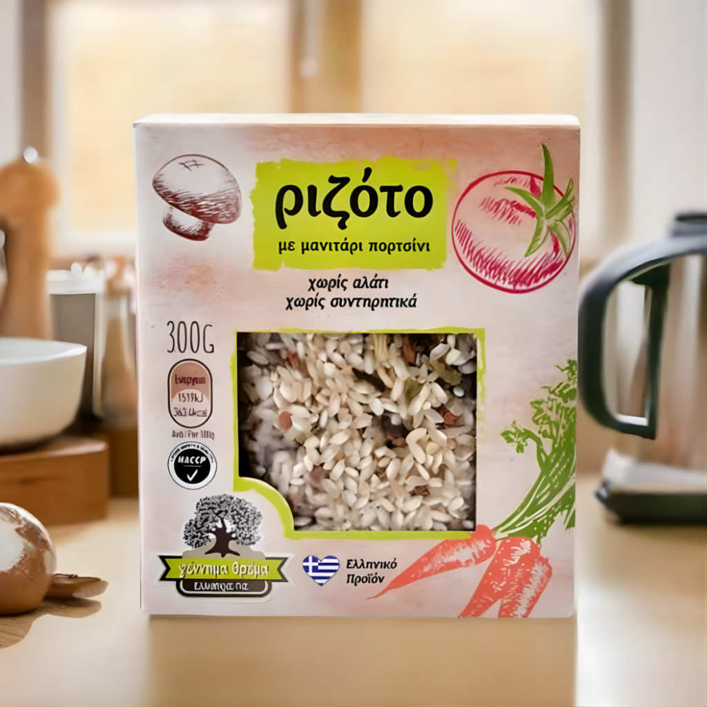 Packaging for risotto with porcini mushroom, on a kitchen counter.
