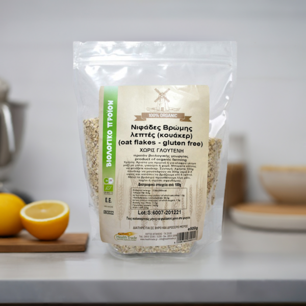 Transparent bag of organic gluten-free oat flakes.