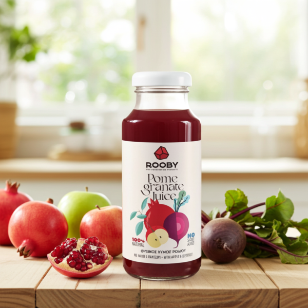 Succo di melograno con mela e barbabietola in bottiglia di vetro con ingredienti freschi