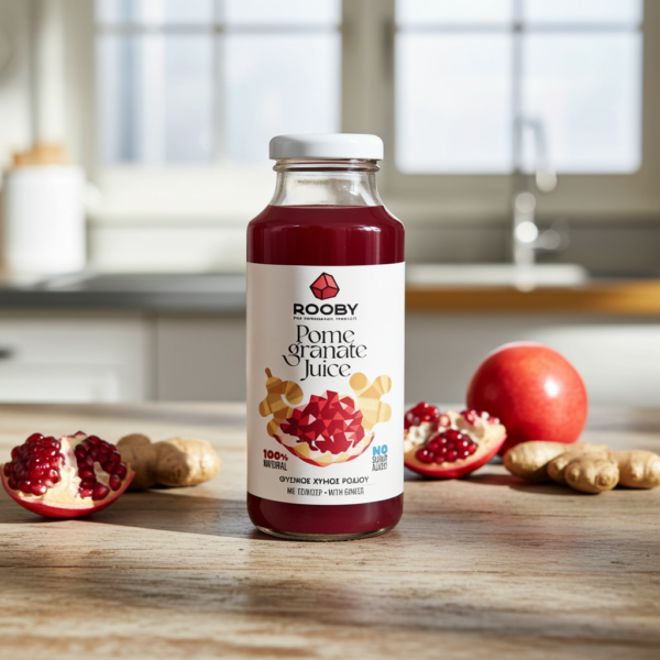 Succo di melograno con zenzero in bottiglia di vetro con ingredienti freschi