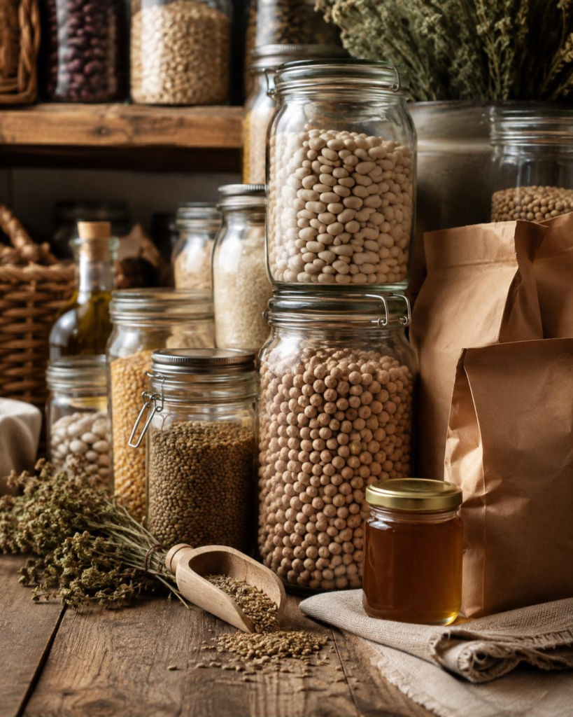 Glass jars with legumes and grains, wooden scoop, dried herbs, jar of honey and paper bags on a wooden bench.