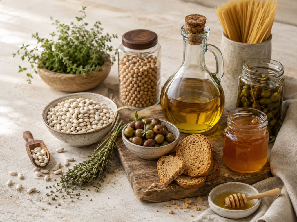 Greek products on a wooden counter: legumes, olive oil, honey and herbs.
