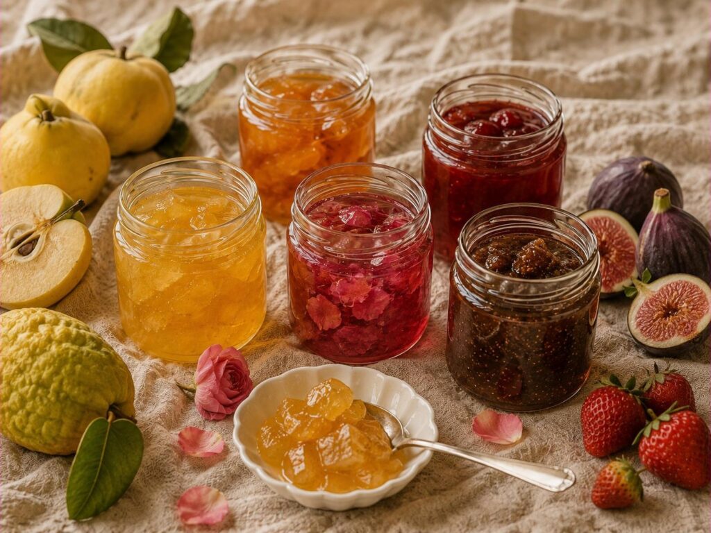 Glass jars with homemade jams and spoon sweets: quince, rose, fig and strawberry, with fresh fruit next to it.