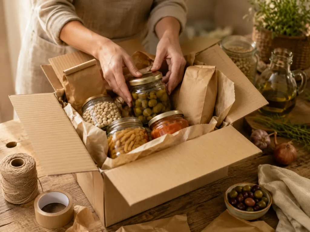 Order packaging: glass jars with legumes, olives and pasta are placed in a cardboard shipping box