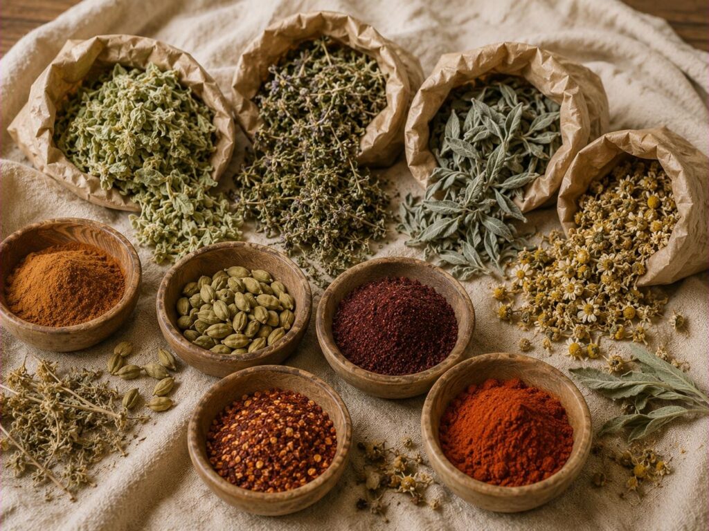 Dried herbs in paper bags — mountain tea, dittany, sage, and chamomile — and spices in wooden bowls with cinnamon, cardamom, sumac, and paprika.