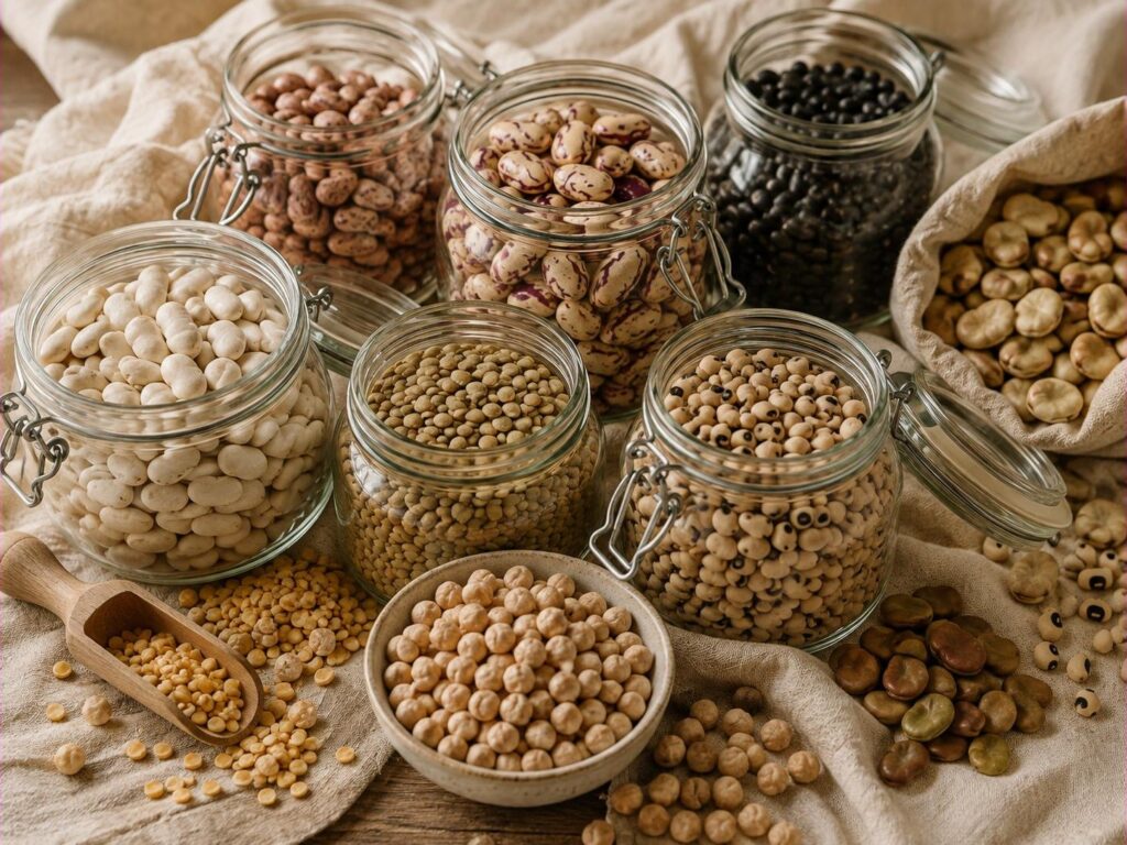 Dried legumes in glass jars: giant beans, lentils, chickpeas, black-eyed peas and broad beans, on a linen cloth.