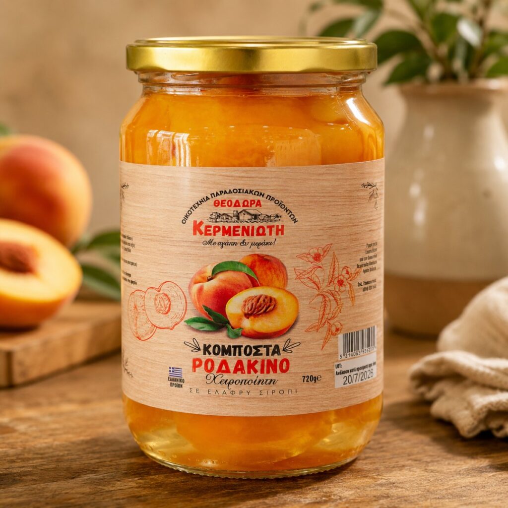 Γυάλινο βάζο 720 g με χειροποίητη κομπόστα ροδάκινο Θεοδώρα Κερμενιώτη σε ελαφρύ σιρόπι